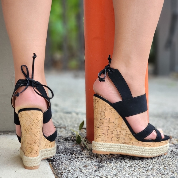 Women's Black Cork Wedge Espadrille High Heel Platform - Picture 3 of 5